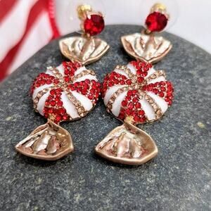 HOLIDAY Red White Sparkle Peppermint Dangle Post Earrings Christmas Gift NEW